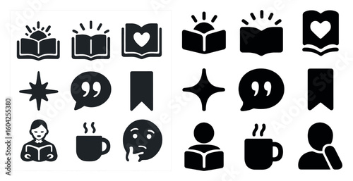 Reading and literature solid icons set – flat, filled, book and education symbols