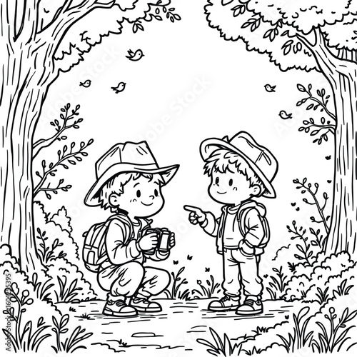 Two boys exploring nature with hats and backpacks in a forest coloring page illustration style