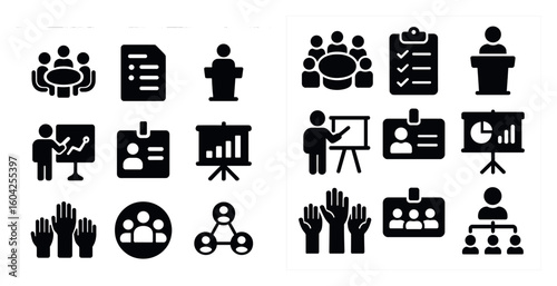 Business and meeting solid icons set – filled, presentation and teamwork symbols
