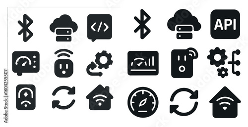 Tech and connectivity icons set – silhouette, solid, digital network symbols