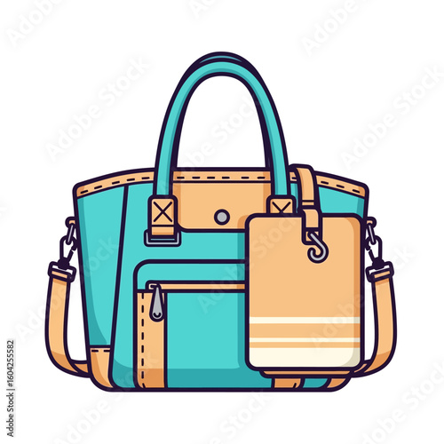 Stylish Teal Tote Bag with Shoulder Strap and Beige Tag