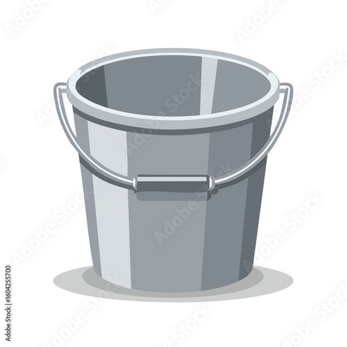 Cartoon silver metal bucket illustration for cleaning or gardening with a white handle, clean and simple on black background