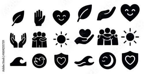 Nature and wellness solid icons set – filled, heart, health and sustainability symbols