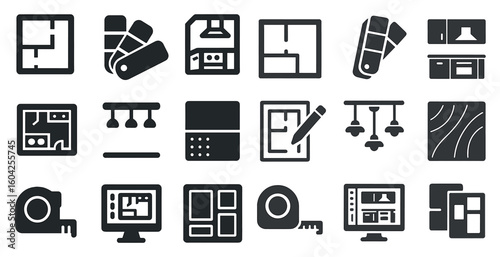 Home improvement solid icons set – renovation, construction, interior design symbols