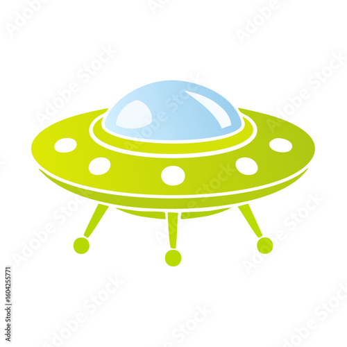 Cartoonish Lime Green Flying Saucer with White Lights and a Blue Dome on a Black Background