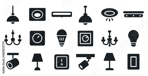 Lighting and fixture solid icons set – silhouette, filled, lamp and bulb symbols