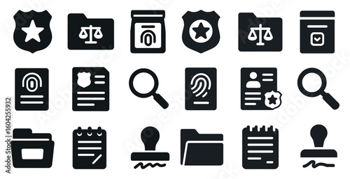 Law and justice solid icons set – filled, silhouette, legal and enforcement symbols