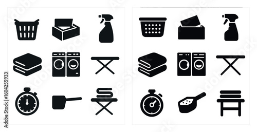 Household chores solid icons set – cleaning, laundry, housework symbols