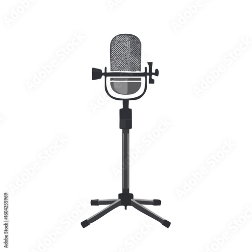 Studio microphone on stand, podcast recording equipment, isolated on black background