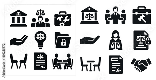 Business and law solid icons set – silhouette, filled, legal and corporate symbols