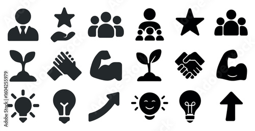 Business and teamwork solid icons set – filled, corporate, collaboration symbols