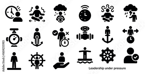 Time and stress management icons set – solid, black, pressure and productivity symbols