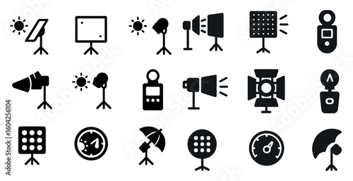 Photography equipment icons set – solid, filled, camera and lighting symbols