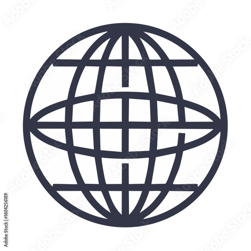 Globe icon depicting a sphere with meridians and parallels on a black background.