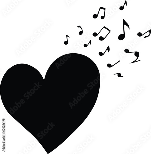 Black heart with musical notes floating away on a white background in a simple illustration