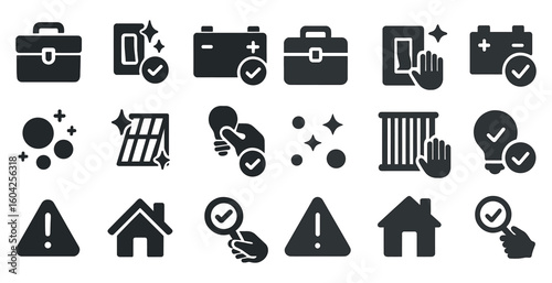 Security and alert solid icons set – filled, warning, and safety symbols