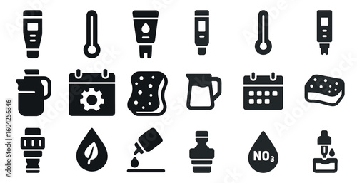 Water quality solid icons set – filled, flat, filtration and testing symbols