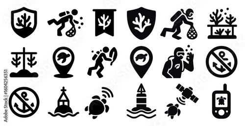 Marine conservation solid icons set – environmental, ocean, protection symbols