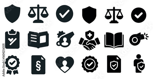 Legal and compliance solid icons set – filled, flat, justice and policy symbols