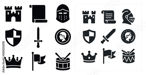 Medieval solid icons set – flat, knight, armor and castle symbols
