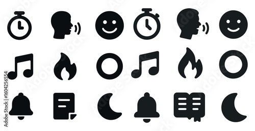 Communication and alert solid icons set – filled, speech, notification symbols