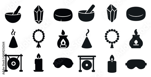 Meditation and zen solid icons set – silhouette, mindfulness, relaxation symbols