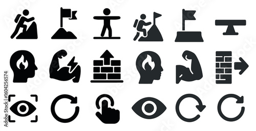 Outdoor adventure solid icons set – filled, hiking, camping symbols