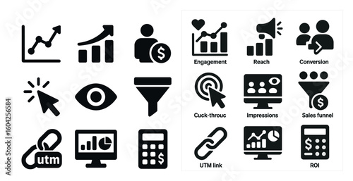 Digital marketing solid icons set – filled, conversion, engagement symbols