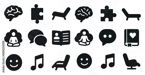 Mindfulness and relaxation icons set – solid, filled, meditation and calm symbols