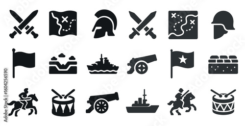 Military and war solid icons set – filled, battlefield, combat symbols