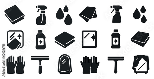 Cleaning essentials solid icons set – flat, filled, hygiene and sanitation symbols