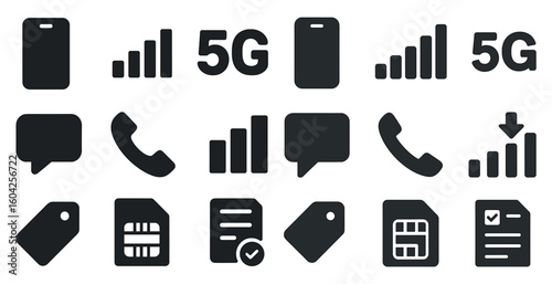 Telecommunication and technology solid icons set – communication, connectivity, signal designs