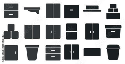 Storage and organization solid icons set – filled, flat, home and office essentials