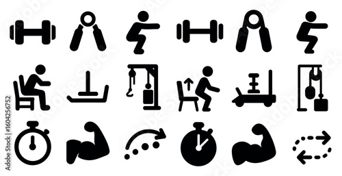 Fitness and gym silhouette icons set – workout, exercise, health symbols