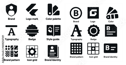 Brand and identity solid icons set – filled, logo design, marketing symbols