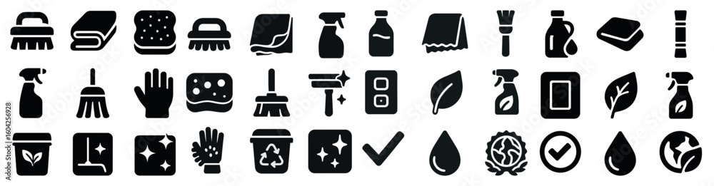 Fototapeta premium Cleaning and hygiene solid icons set – flat, filled, sanitation and housekeeping symbols