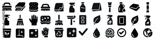 Cleaning and hygiene solid icons set – flat, filled, sanitation and housekeeping symbols