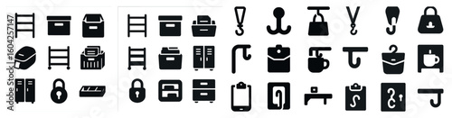 Warehouse and storage icons set – solid, lock, organization and logistics symbols