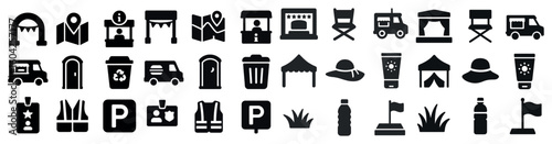 Event and festival outline icons set – line, silhouette, party and celebration symbols