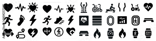 Health and fitness icons set – solid, filled, exercise and wellness symbols