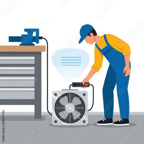 Repairman Turning on Silver Cooling Fan in Gray Workshop