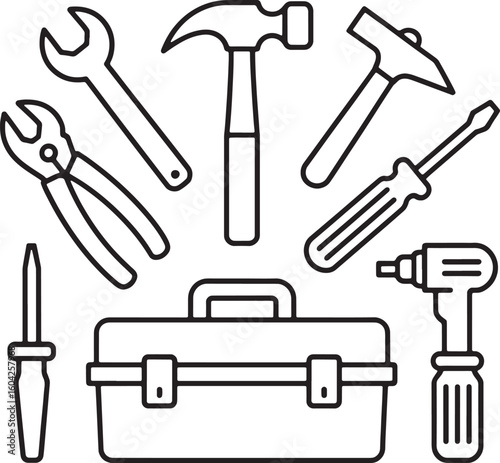 Assorted tools and toolbox illustration wrench hammer