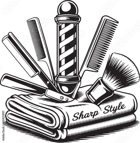 Barber pole razor combs brush towel sharp style vector