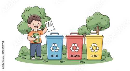 Adobe illustrator artwork vector illustration of a child recycling paper into bins labeled Metal,Organic, and Glass,promoting eco-awareness, waste sorting, and sustainability for educational campaigns