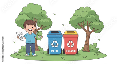 Adobe illustrator artwork vector illustration of a child recycling paper into bins labeled Metal,Organic, and Glass,promoting eco-awareness, waste sorting, and sustainability for educational campaigns