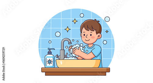 Adobe illustrator artwork vector illustration of a boy washing hands with soap under running water, promoting hygiene, cleanliness, and health awareness for educational and healthcare visuals.