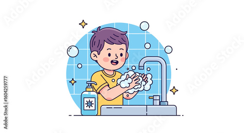 Adobe illustrator artwork vector illustration of a boy washing hands with soap under running water, promoting hygiene, cleanliness, and health awareness for educational and healthcare visuals.