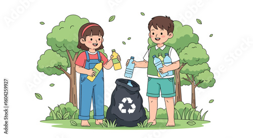 Adobe illustrator artwork vector illustration of kids recycling plastic bottles in a green park, promoting eco-awareness, sustainability, and environmental responsibility for educational campaigns.