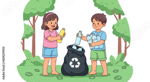 Adobe illustrator artwork vector illustration of kids recycling plastic bottles in a green park, promoting eco-awareness, sustainability, and environmental responsibility for educational campaigns.