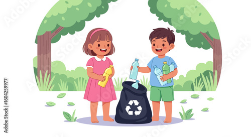 Adobe illustrator artwork vector illustration of kids recycling plastic bottles in a green park, promoting eco-awareness, sustainability, and environmental responsibility for educational campaigns.